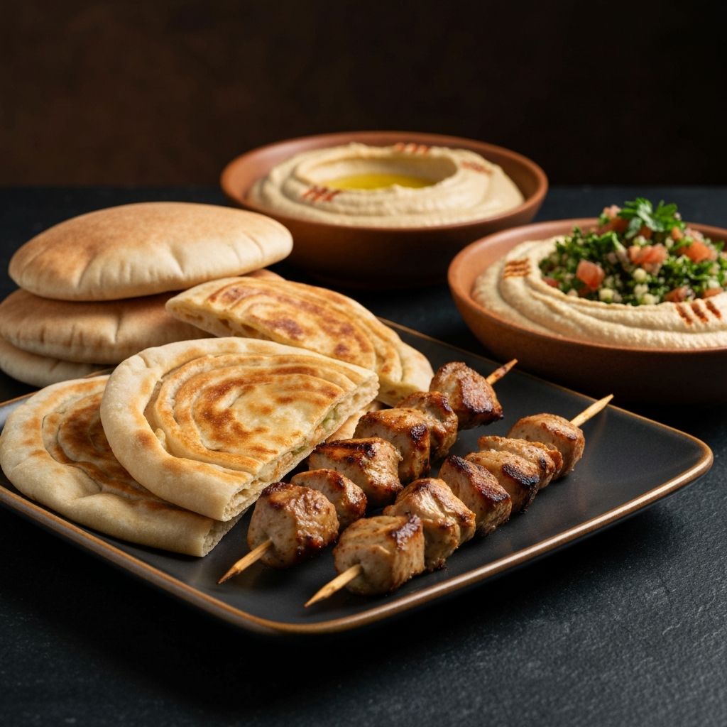 Assorted Lebanese and Arabic dishes including manakish, kebabs, hummus and tabbouleh