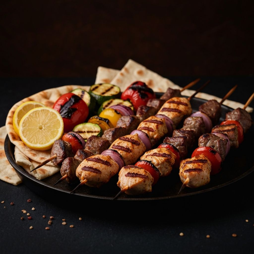 Grilled chicken and lamb kebabs on skewers with charred grill marks and fresh vegetables