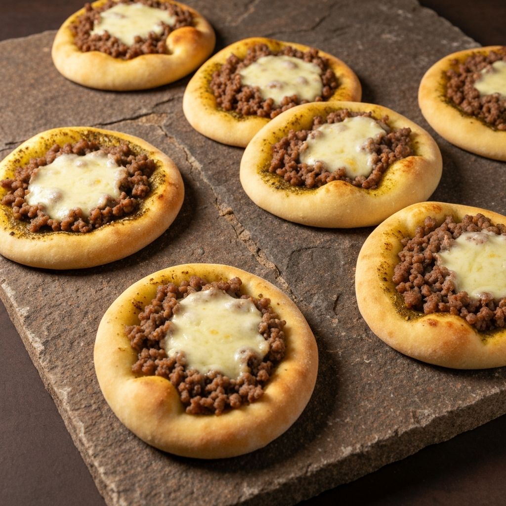 Lebanese pizza flatbreads (manakish) topped with za'atar and cheese on a stone surface