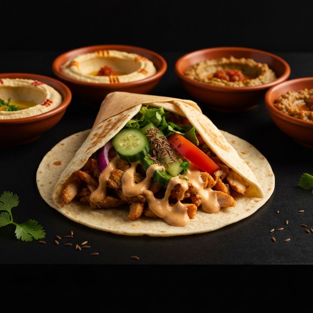 Chicken shawarma wrap with fresh vegetables and garlic sauce in takeaway packaging
