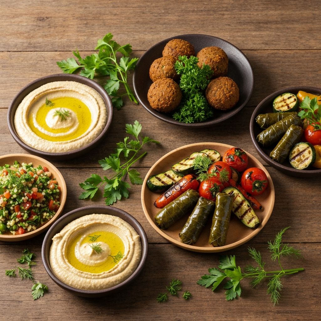 Vibrant Mediterranean vegetarian spread with falafel, hummus, tabbouleh and grilled vegetables
